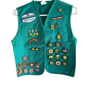 Vintage Girl Scouts Vest Girls Large Teal Green Uniform Patches Badges 90s